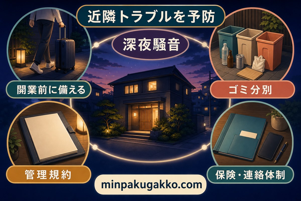 深夜騒音、ゴミ分別、管理規約、保険と連絡体制を開業前に備える近隣対応図