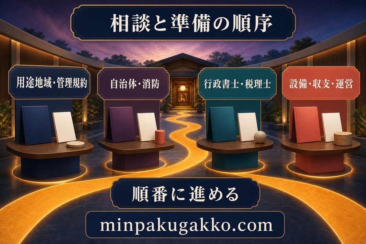 用途地域と管理規約、自治体と消防、行政書士と税理士、設備と収支と運営を順番に確認する図