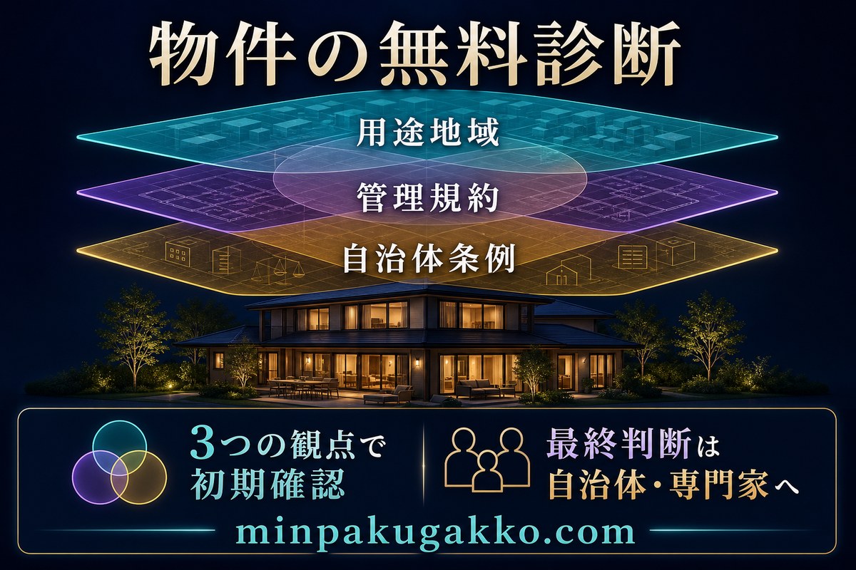 用途地域、管理規約、自治体条例の三つの観点でテーマパーク周辺物件を初期確認する無料診断図