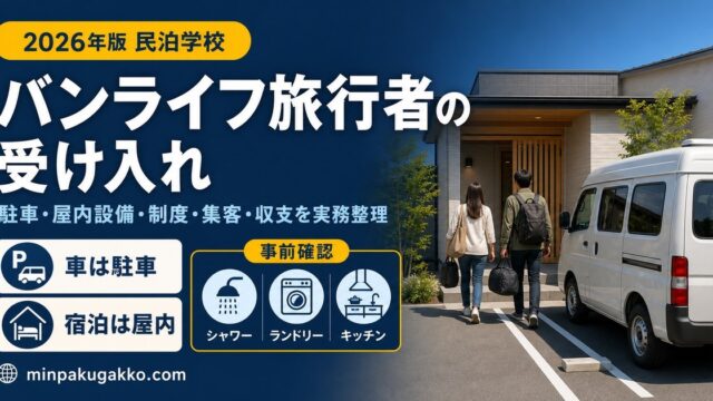 バンライフ旅行者を受け入れる民泊について、専用駐車、屋内宿泊設備、制度、集客、収支を整理したアイキャッチ画像