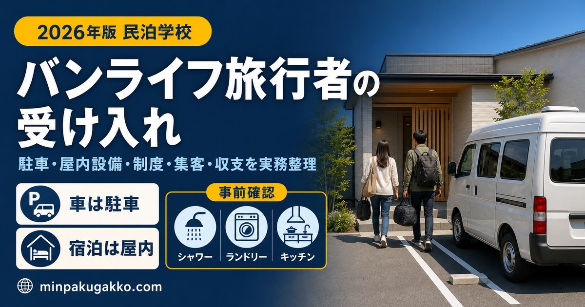 バンライフ旅行者を受け入れる民泊について、専用駐車、屋内宿泊設備、制度、集客、収支を整理したアイキャッチ画像