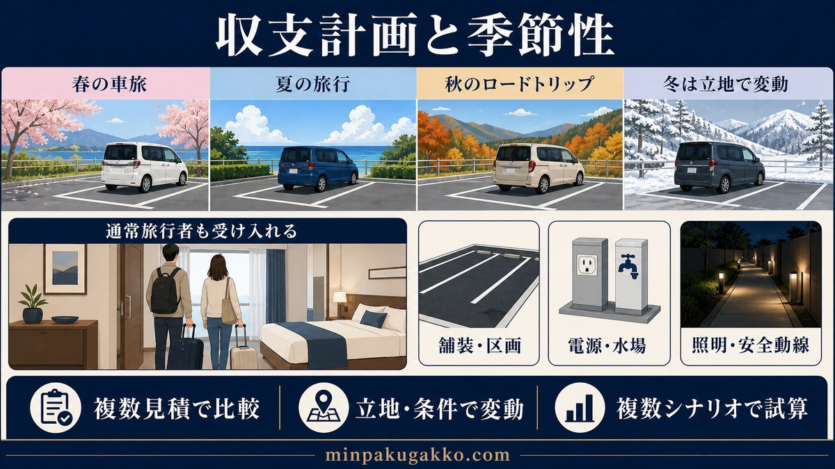 春夏秋冬の車旅需要、通常旅行者の受け入れ、舗装・区画、電源・水場、照明・安全動線を複数条件で試算する図解