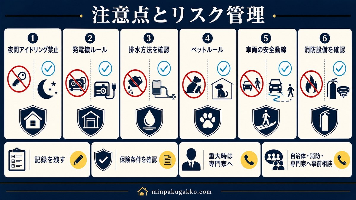 夜間アイドリング、発電機、排水、ペット、車両動線、消防設備のルールと記録、保険、専門家相談を整理した図解