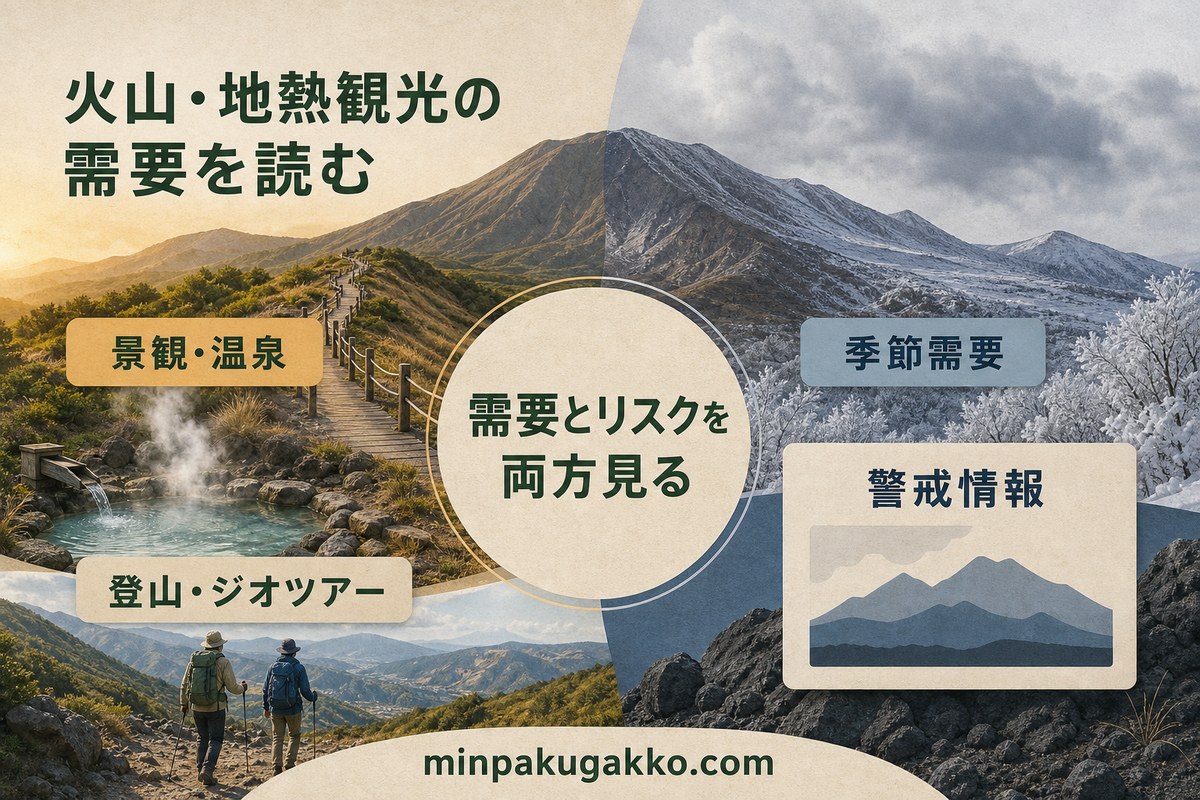 火山・地熱観光の景観、温泉、登山、季節需要と警戒情報を両面から整理した図