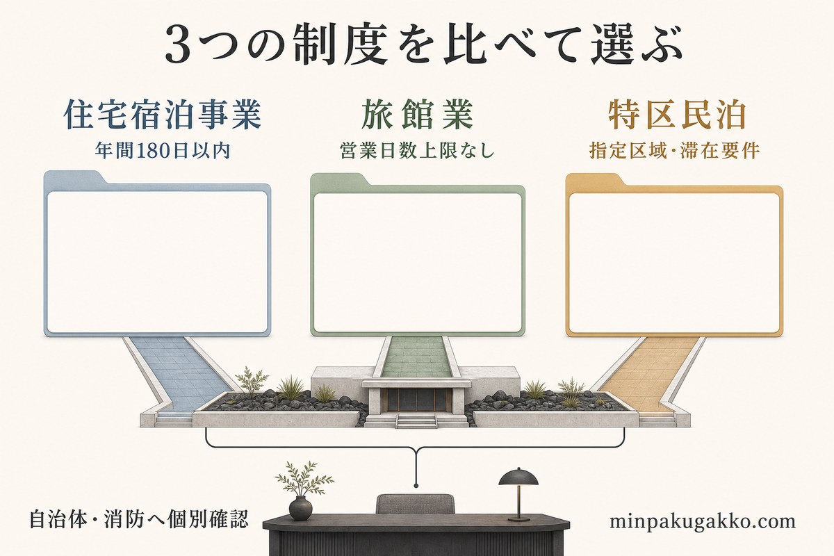 住宅宿泊事業、旅館業、特区民泊の営業日数や区域要件を比較した図