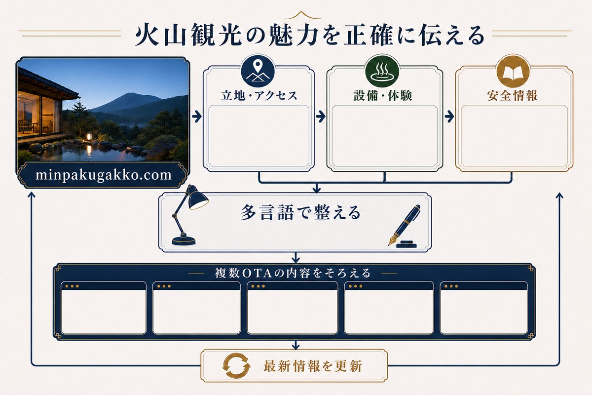 火山観光地の立地、設備、安全情報を多言語で整えて複数OTAに反映する流れ