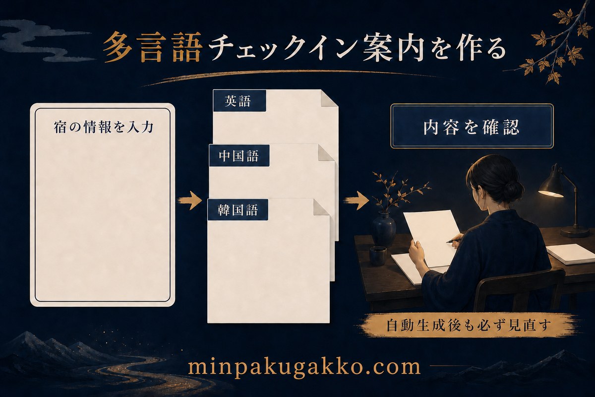 宿の情報を入力し、英語、中国語、韓国語のチェックイン案内を作って確認する流れ