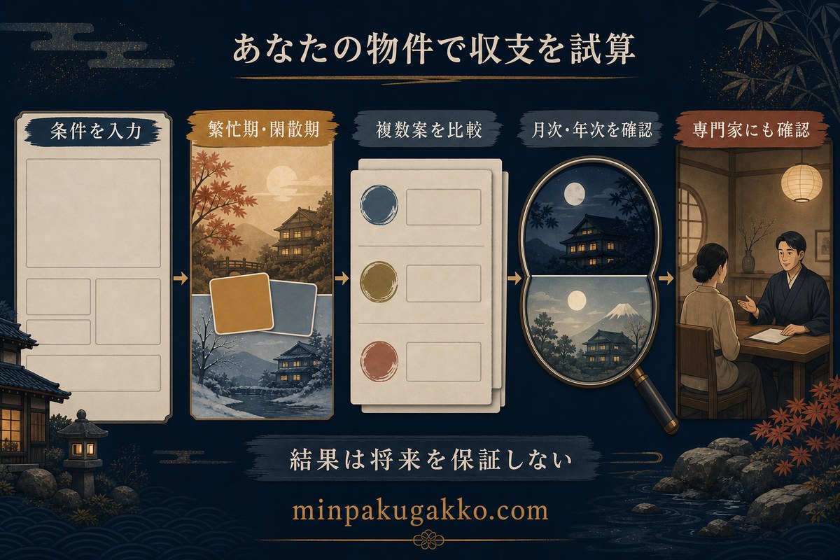 物件条件と季節差を入力し、複数の月次・年次収支案を比較するシミュレーターの流れ
