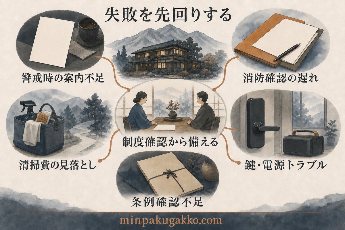 火山地帯の民泊で起こりやすい案内、消防、清掃費、鍵と電源、条例確認の失敗要因