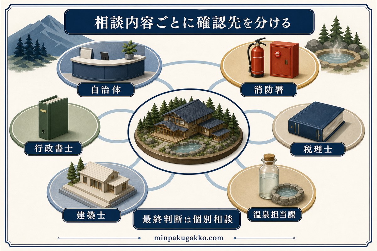 民泊開業の相談内容に応じて自治体、消防署、行政書士、税理士、建築士、温泉担当課を分ける図