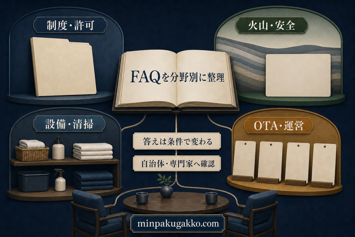 火山地帯の民泊に関するFAQを制度、安全、設備、運営の四分野に整理した図