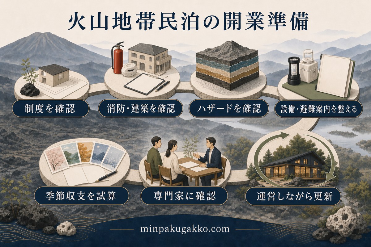 火山地帯の民泊開業に向けた制度、消防建築、ハザード、設備、収支、専門家確認、運営更新の流れ