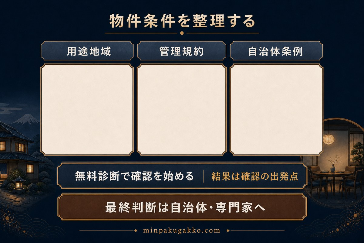 用途地域、管理規約、自治体条例を整理し、無料診断から個別確認を始める流れ