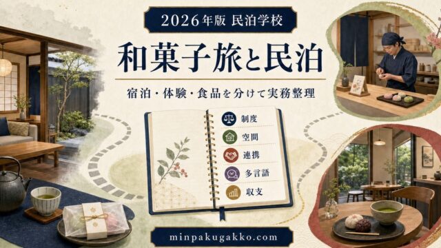和菓子旅に対応する民泊の制度、空間、連携、多言語、収支を整理したアイキャッチ画像