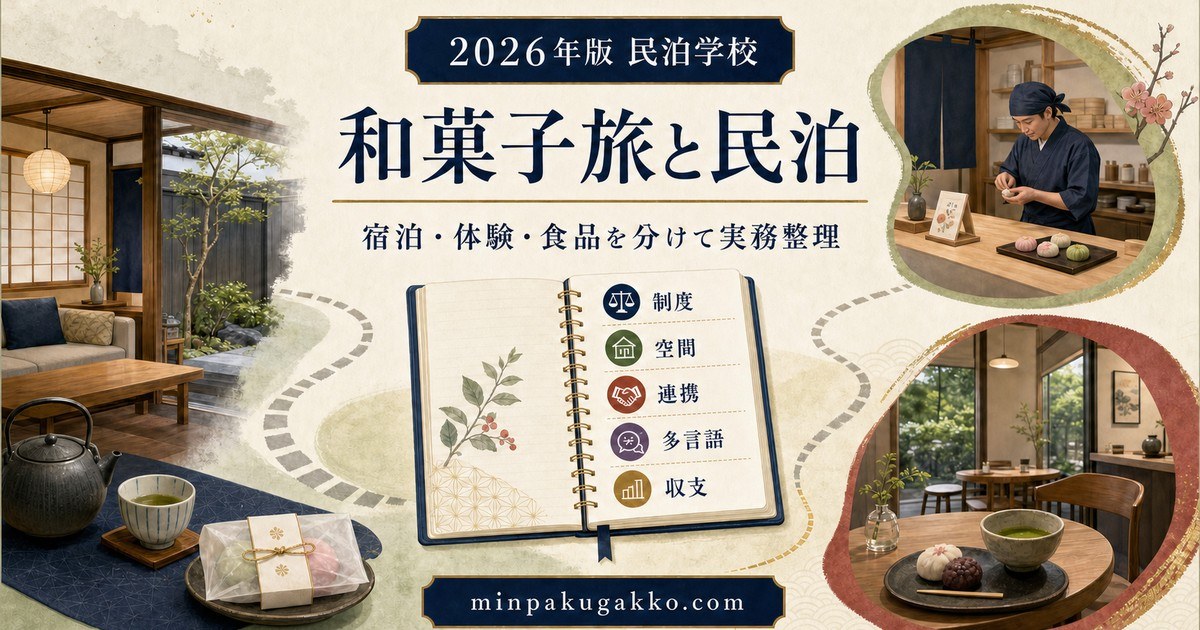 和菓子旅に対応する民泊の制度、空間、連携、多言語、収支を整理したアイキャッチ画像