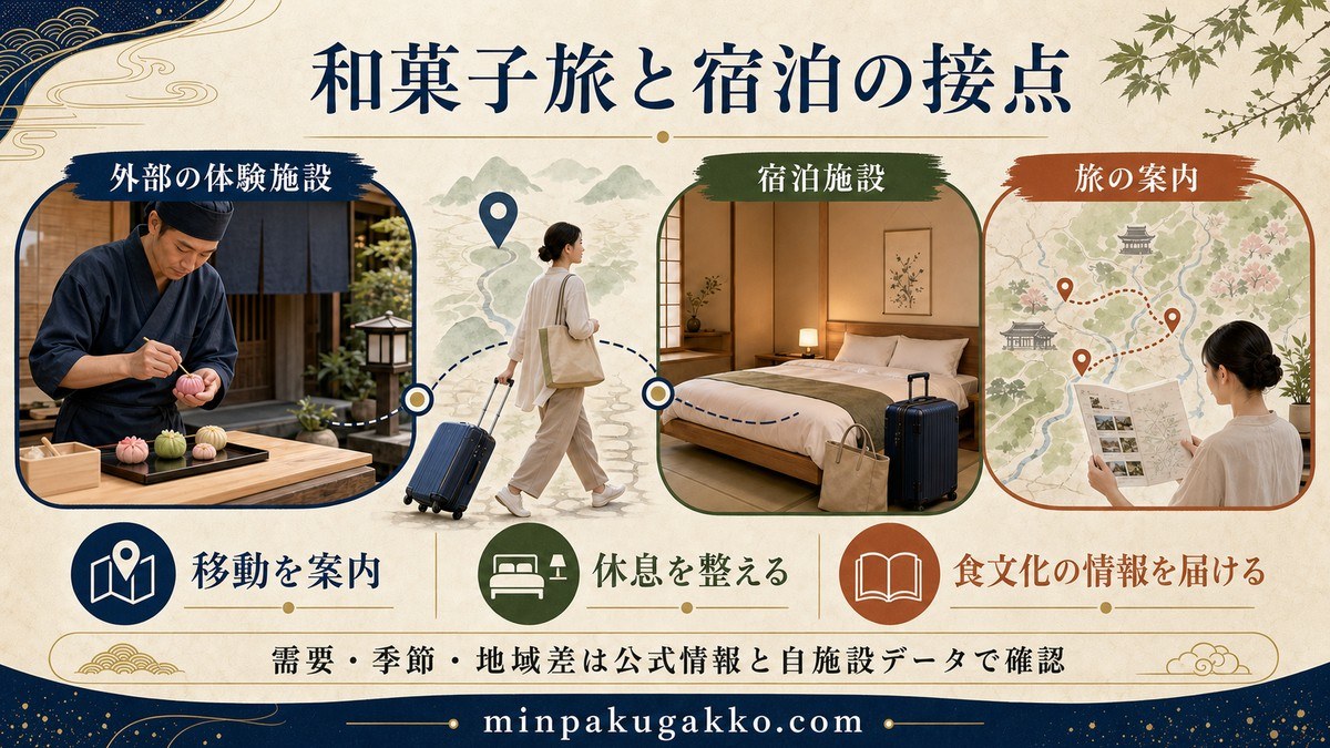 外部の和菓子体験施設と宿泊施設の役割を移動、休息、情報案内で整理した図解