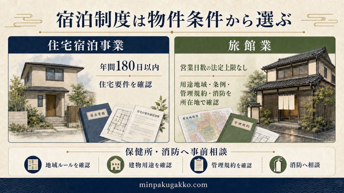 住宅宿泊事業と旅館業を営業日数、住宅要件、用途地域、条例、管理規約、消防で比較した図解