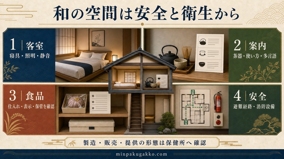 和の客室を寝具、照明、静音、茶器案内、食品表示、保管、避難経路、消防設備で整理した図解