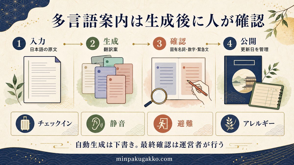 多言語案内を日本語原文、翻訳案、人による確認、公開と更新管理の順で整理した図解