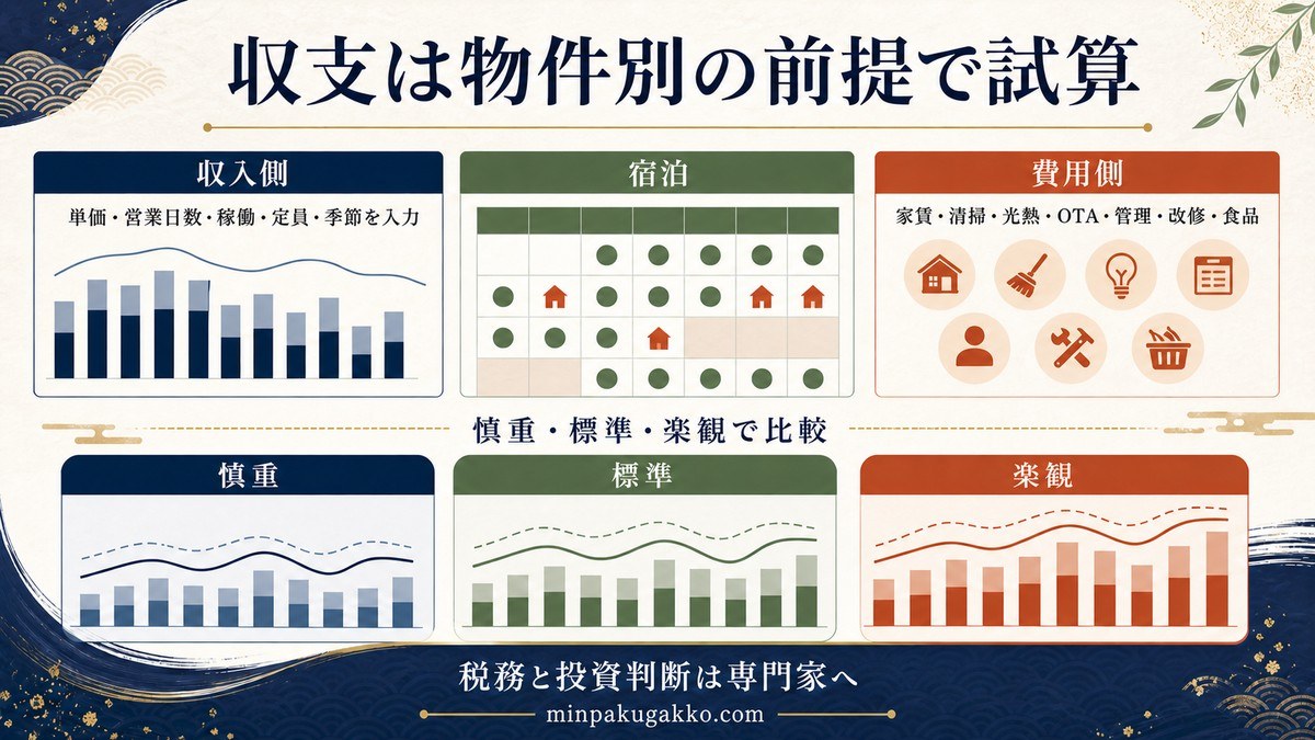民泊の収入と家賃、清掃、光熱、OTA、管理、改修、食品の費用を三つの前提で比較する図解