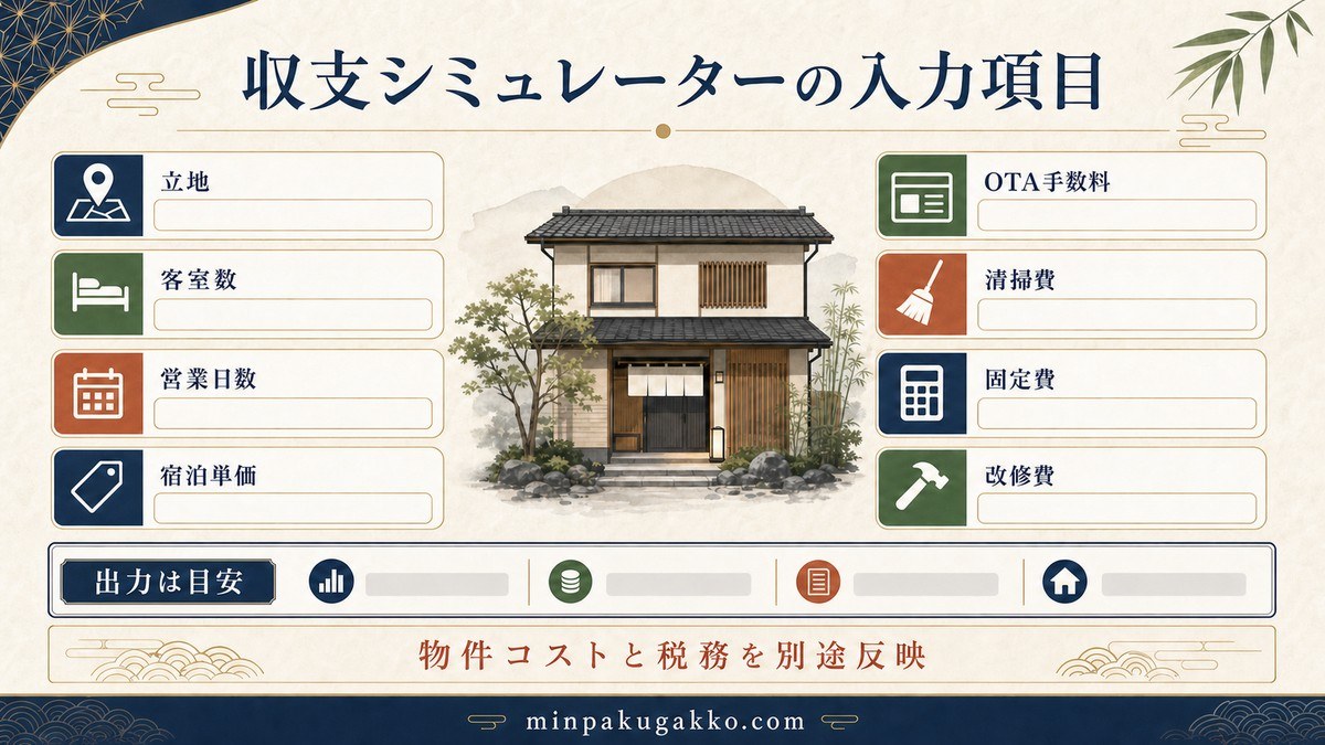 民泊収支シミュレーターの立地、客室数、営業日数、宿泊単価、手数料、清掃費、固定費、改修費を示す図解