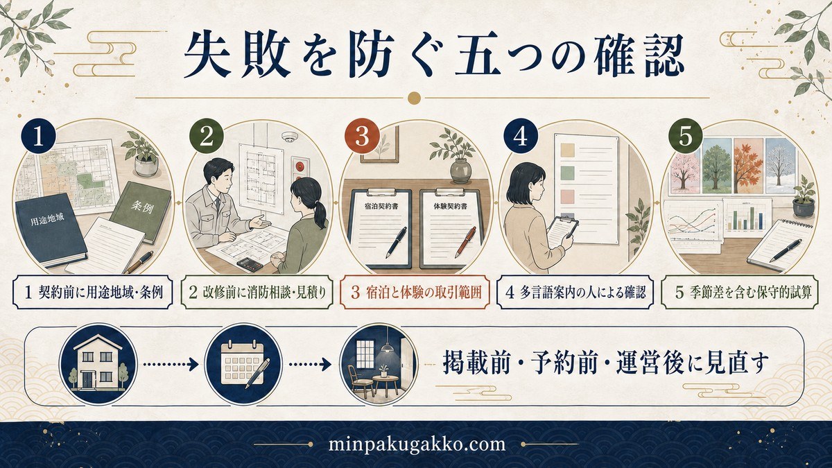 用途地域、条例、消防相談、取引範囲、多言語案内、季節差を含む試算の確認事項を整理した図解