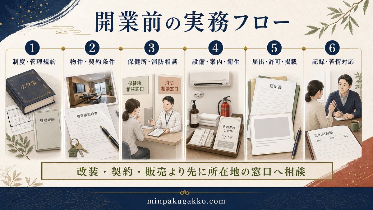 民泊開業前に制度、物件、保健所、消防、設備、届出、掲載、記録を確認する実務フロー図解