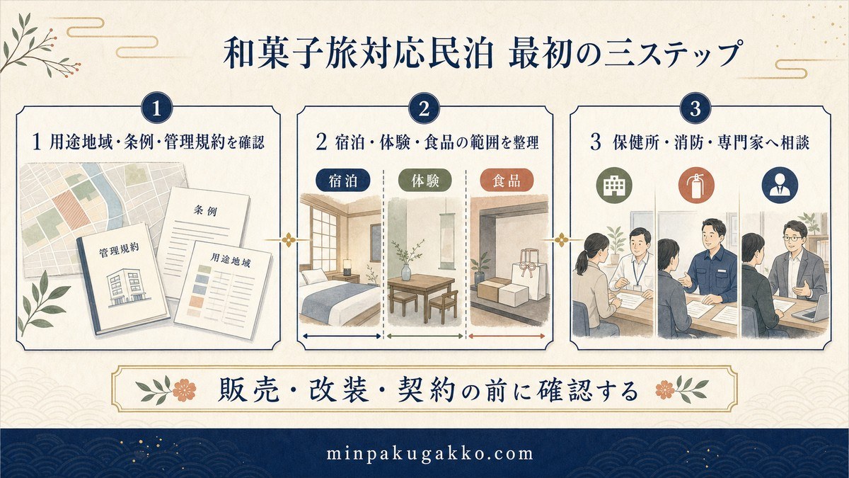 和菓子旅対応民泊を制度確認、宿泊・体験・食品の範囲整理、専門窓口への相談で進める図解