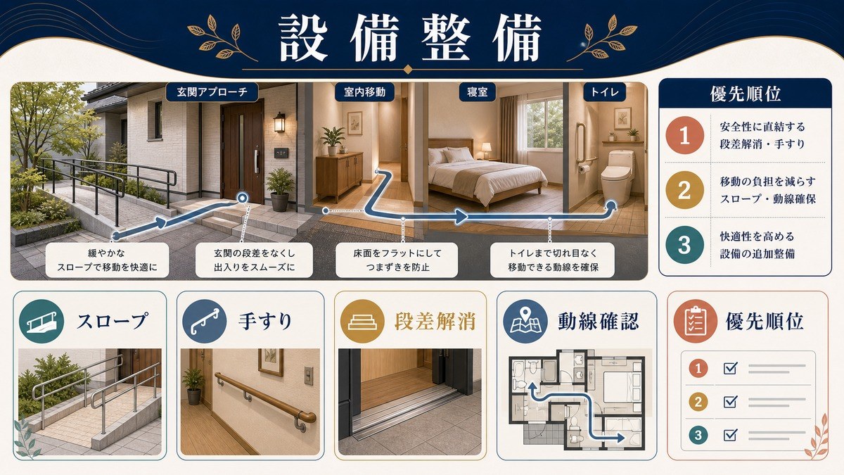 バリアフリー設備整備としてスロープ、手すり、段差解消、動線確認、優先順位を整理した図解