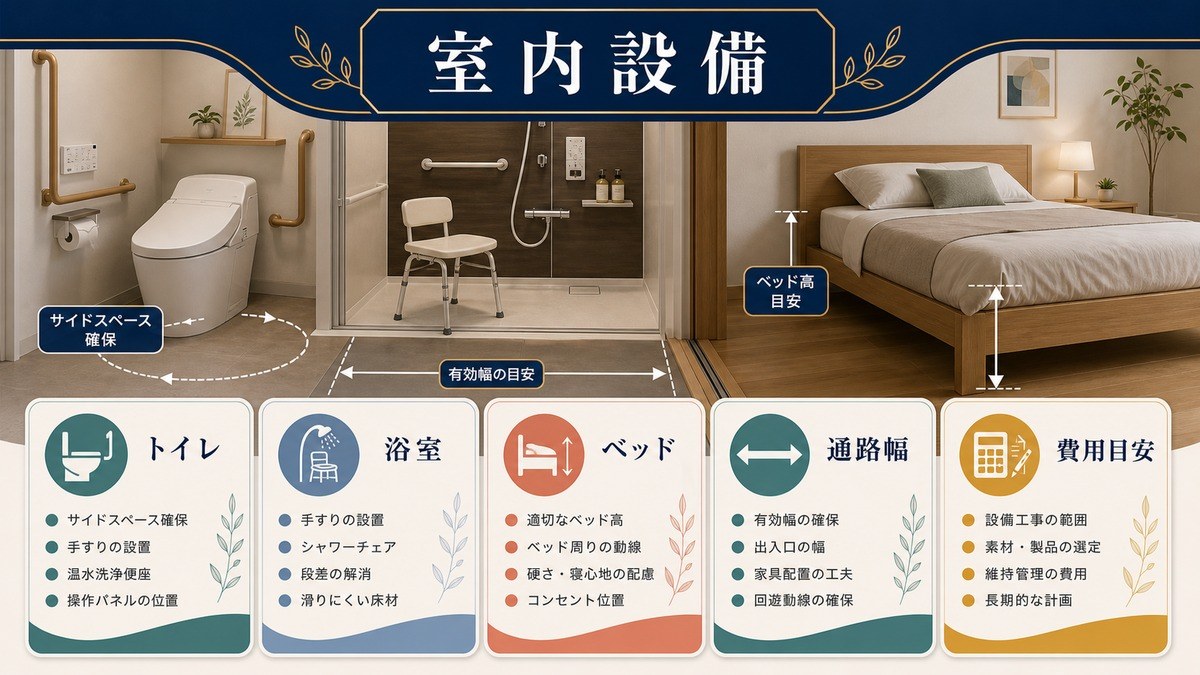 車椅子対応の室内設備としてトイレ、浴室、ベッド、通路幅、費用目安を整理した図解