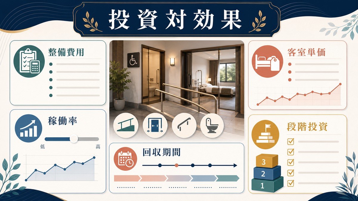 バリアフリー投資対効果として整備費用、稼働率、客室単価、回収期間、段階投資を整理した図解