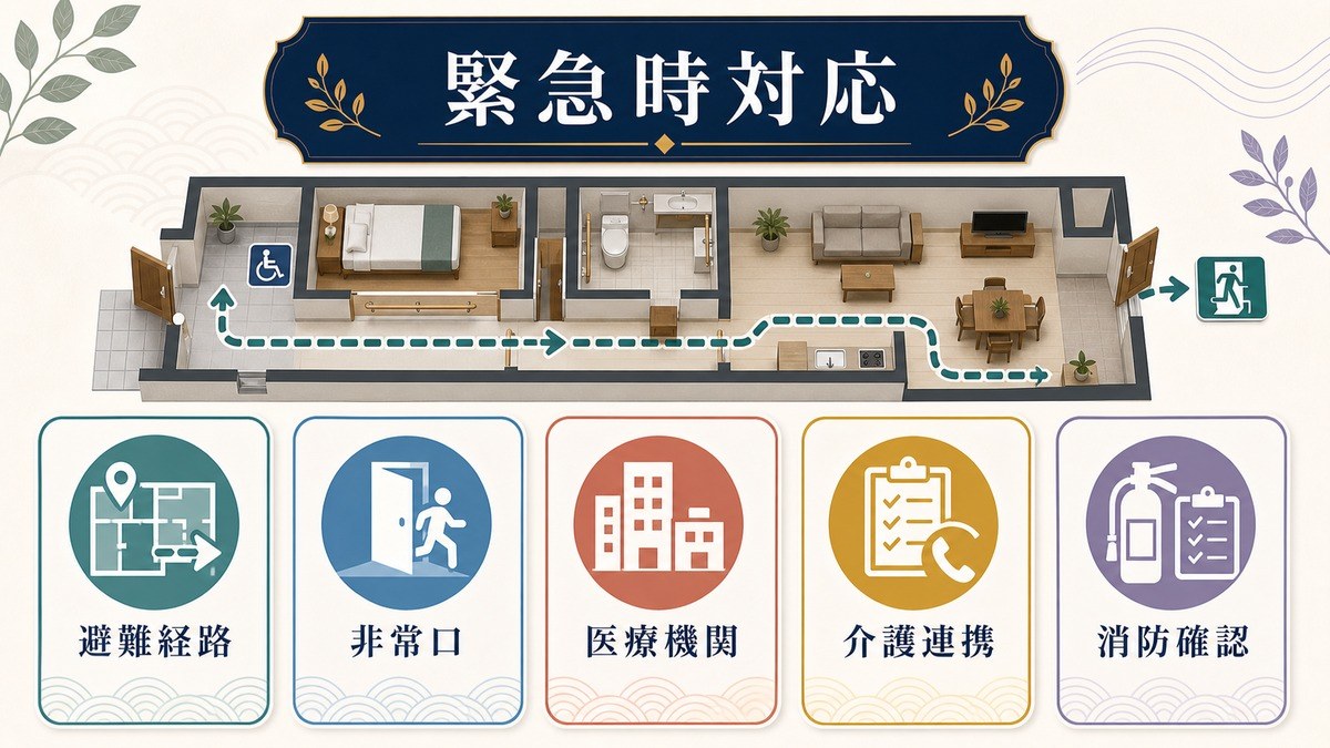 緊急時対応として避難経路、非常口、医療機関、介護連携、消防確認を整理した図解