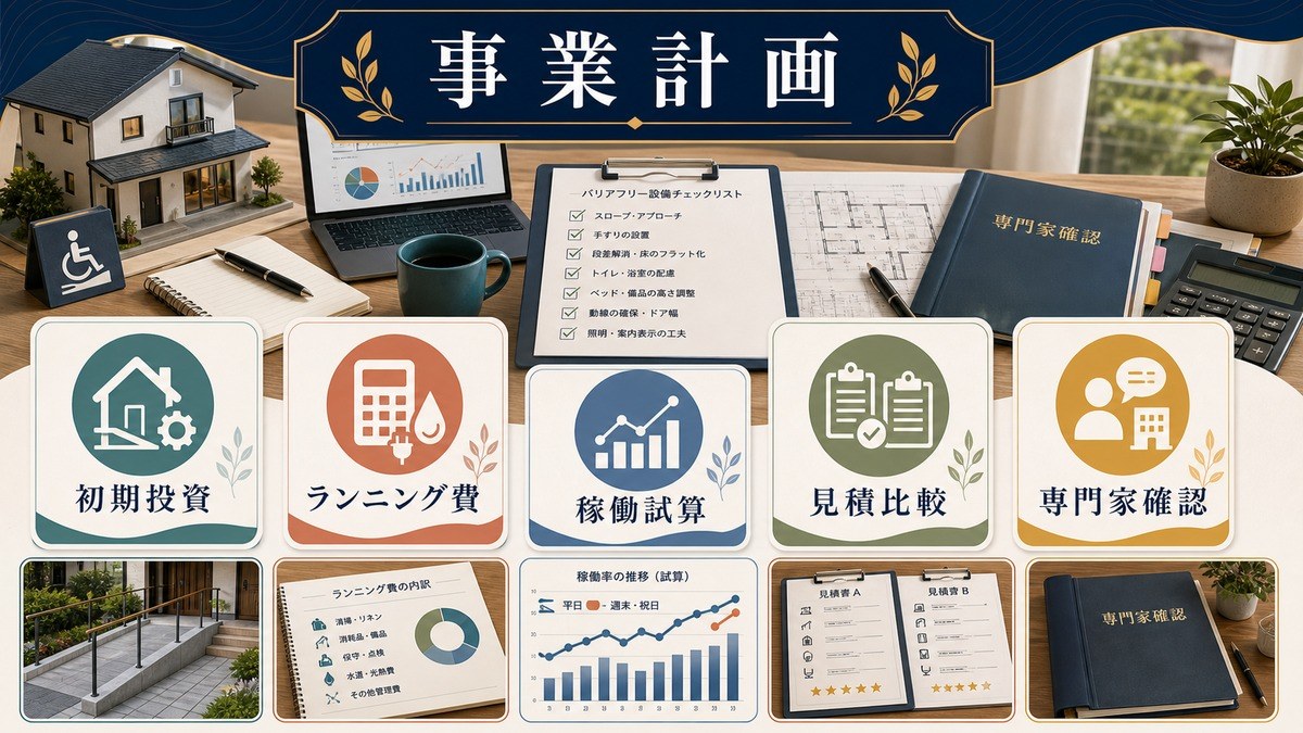 バリアフリー民泊の事業計画として初期投資、ランニング費、稼働試算、見積比較、専門家確認を整理した図解