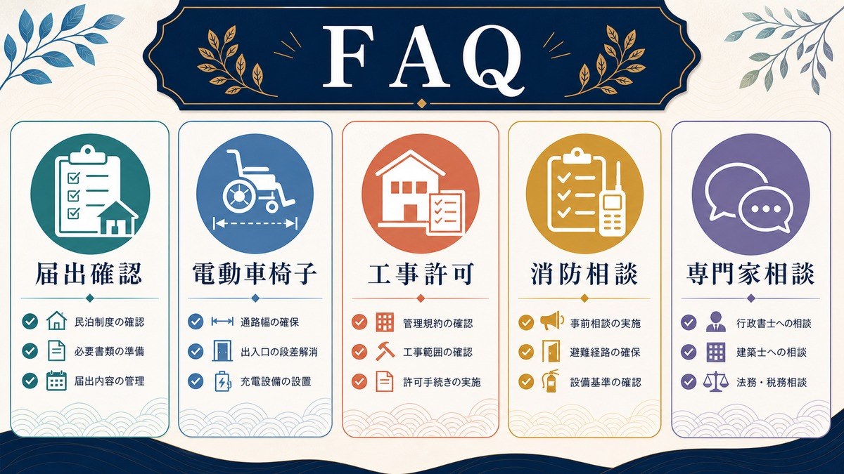 バリアフリー民泊のFAQとして届出確認、電動車椅子、工事許可、消防相談、専門家相談を整理した図解