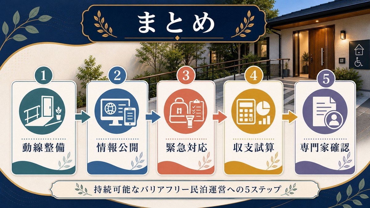 バリアフリー民泊のまとめとして動線整備、情報公開、緊急対応、収支試算、専門家確認を整理した図解