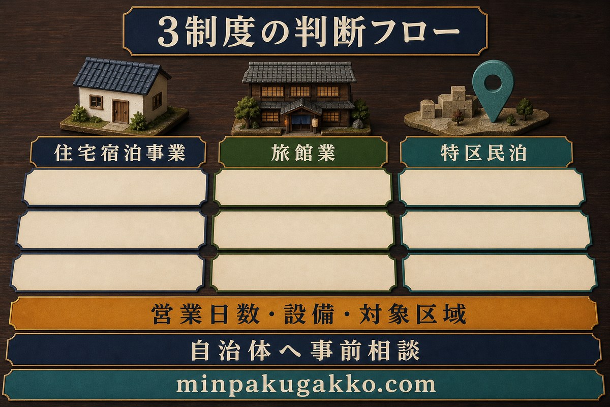 住宅宿泊事業、旅館業、特区民泊を営業日数、設備、対象区域から検討する判断図
