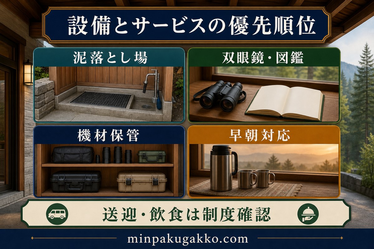 泥落とし場、双眼鏡と図鑑、機材保管、早朝対応を優先し送迎と飲食の制度を確認する図
