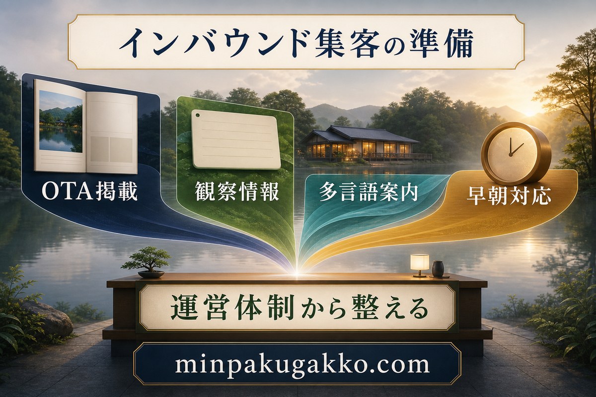 OTA掲載、観察情報、多言語案内、早朝対応を運営体制から整える集客準備図