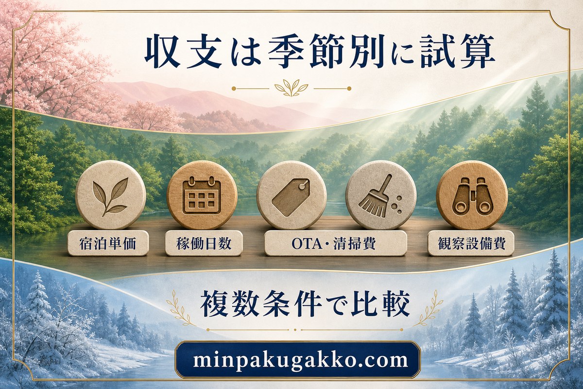 宿泊単価、稼働日数、OTAと清掃費、観察設備費を季節別の複数条件で比較する図