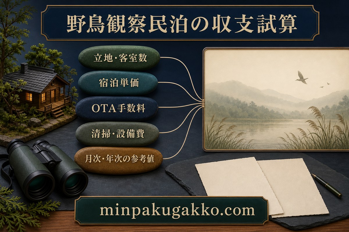 立地、客室数、宿泊単価、OTA手数料、清掃費、観察設備費から収支参考値を確認する図