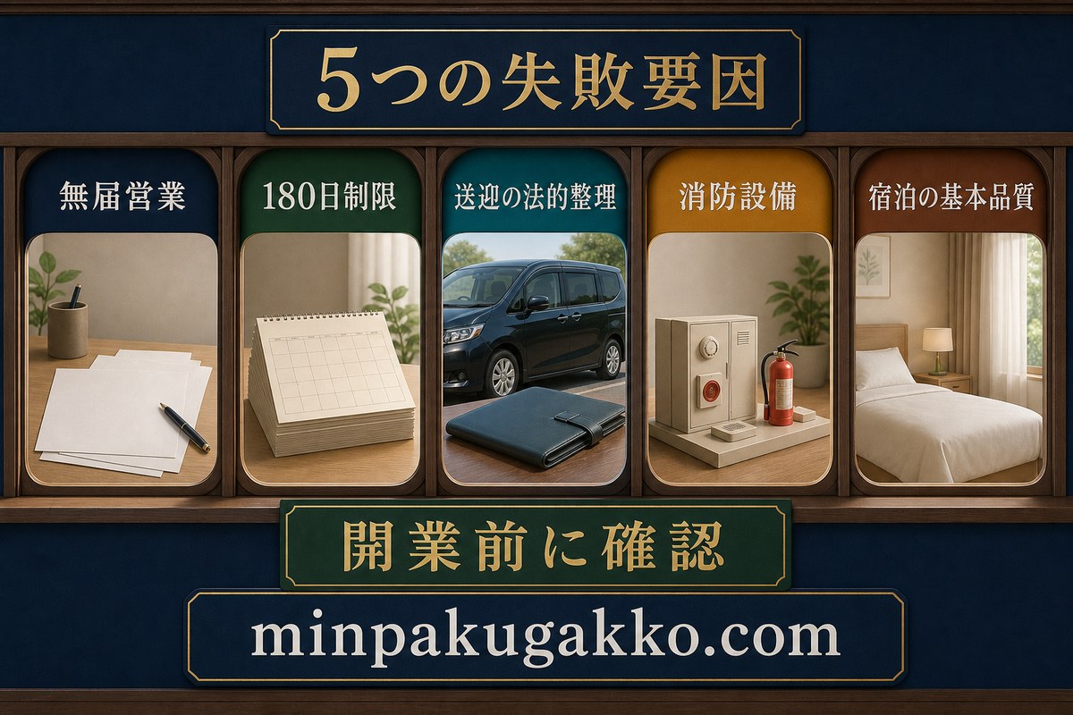 無届営業、180日制限、送迎、消防設備、宿泊の基本品質という五つの失敗要因を整理した図
