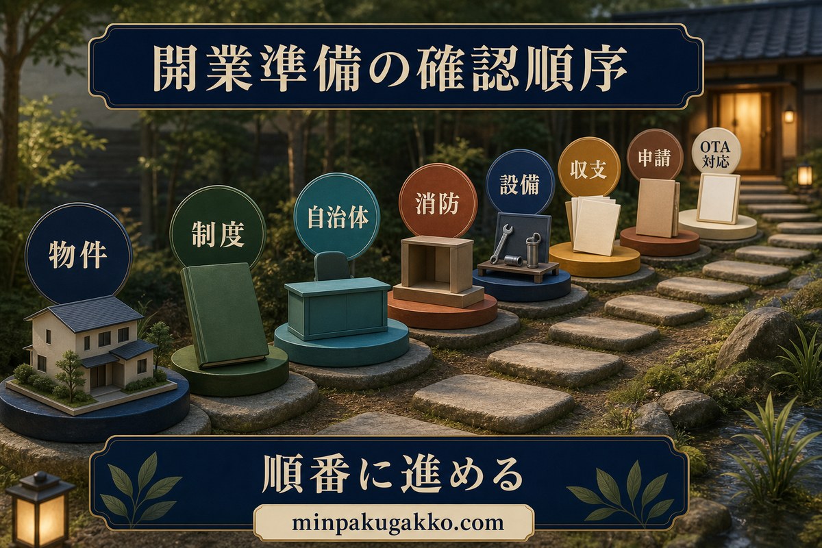 物件、制度、自治体、消防、設備、収支、申請、OTA対応の順に開業準備を進める図