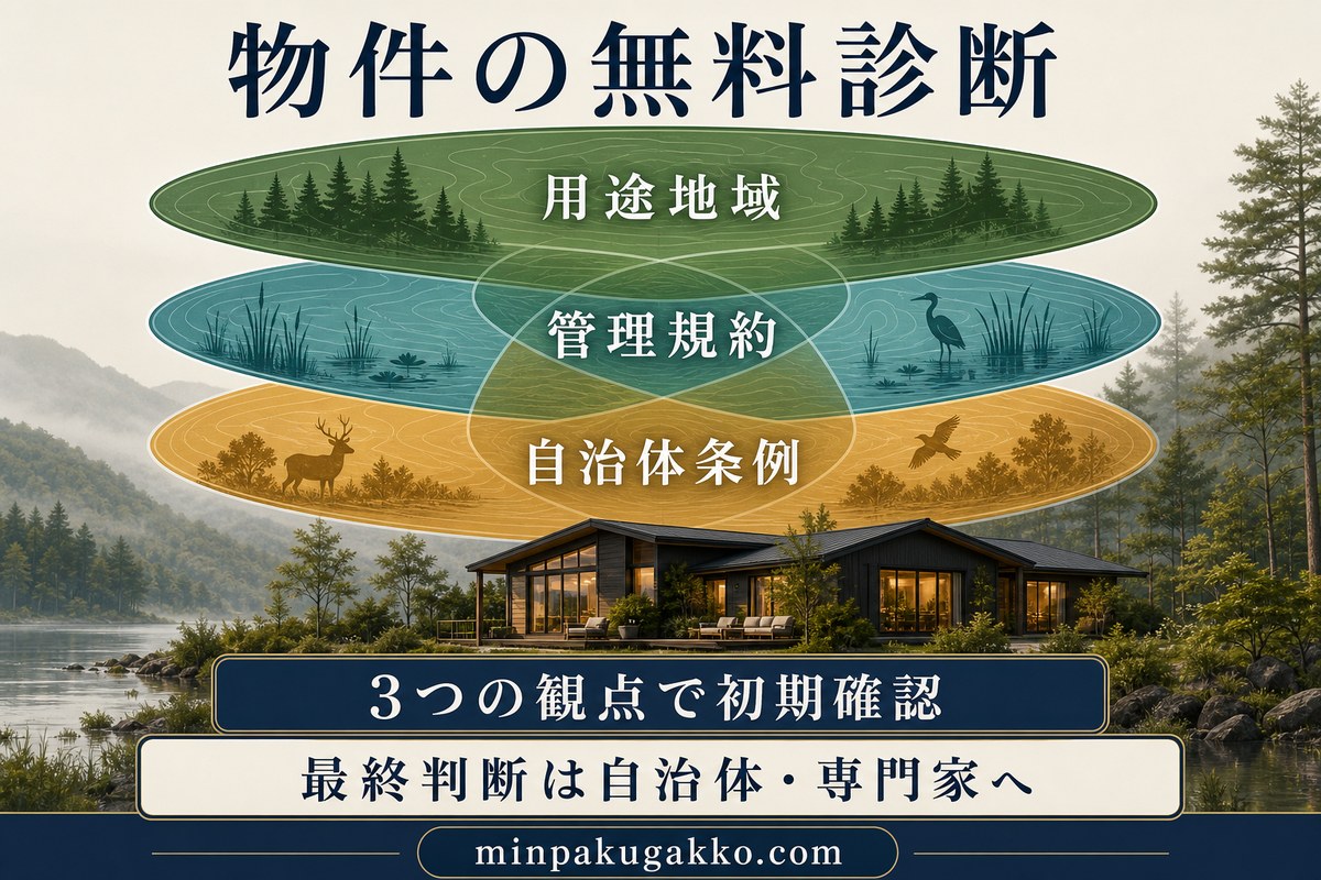 用途地域、管理規約、自治体条例の三つの観点で野鳥観察民泊の物件可否を初期確認する図