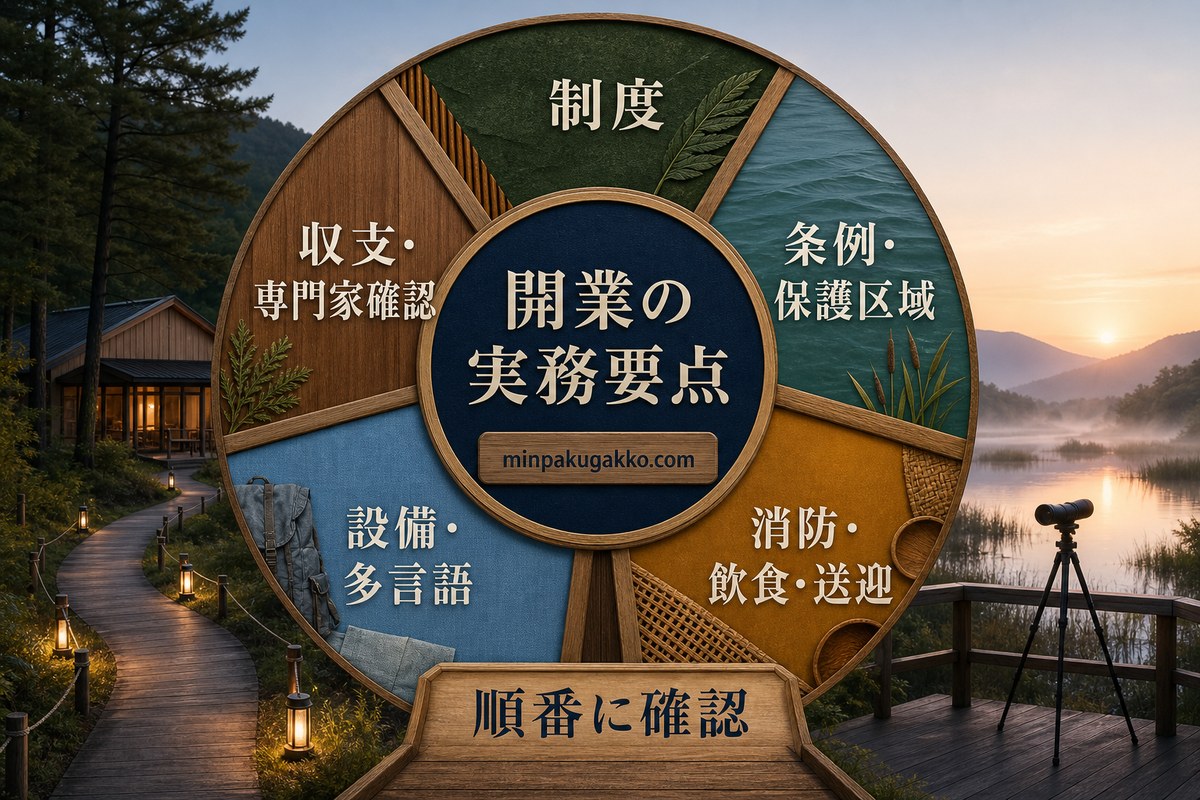 制度、条例、保護区域、消防、飲食、送迎、設備、多言語、収支、専門家確認を順番に進めるまとめ図