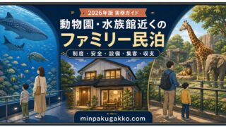 動物園・水族館近くのファミリー民泊を制度、安全、設備、集客、収支の観点で表したアイキャッチ