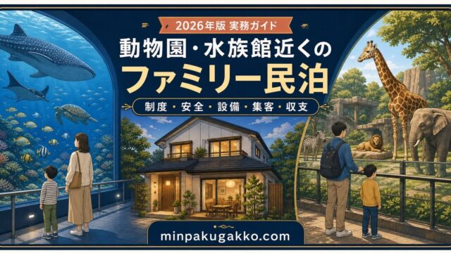 動物園・水族館近くのファミリー民泊を制度、安全、設備、集客、収支の観点で表したアイキャッチ