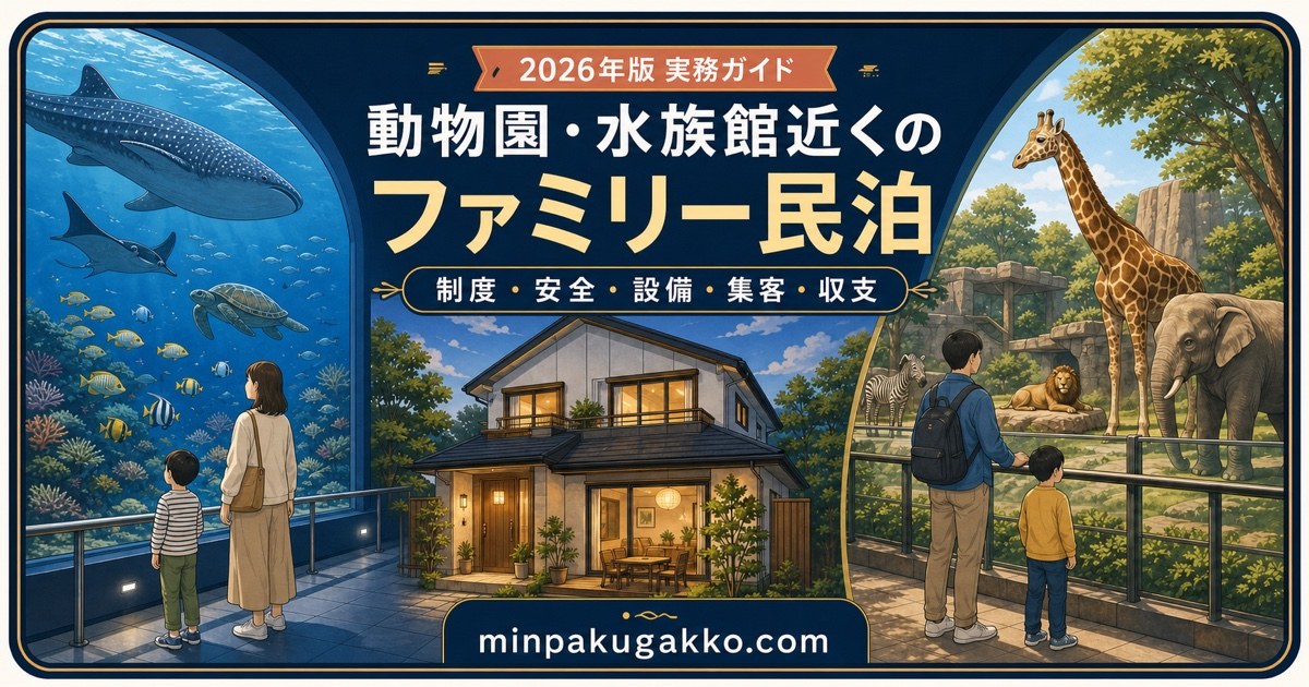 動物園・水族館近くのファミリー民泊を制度、安全、設備、集客、収支の観点で表したアイキャッチ