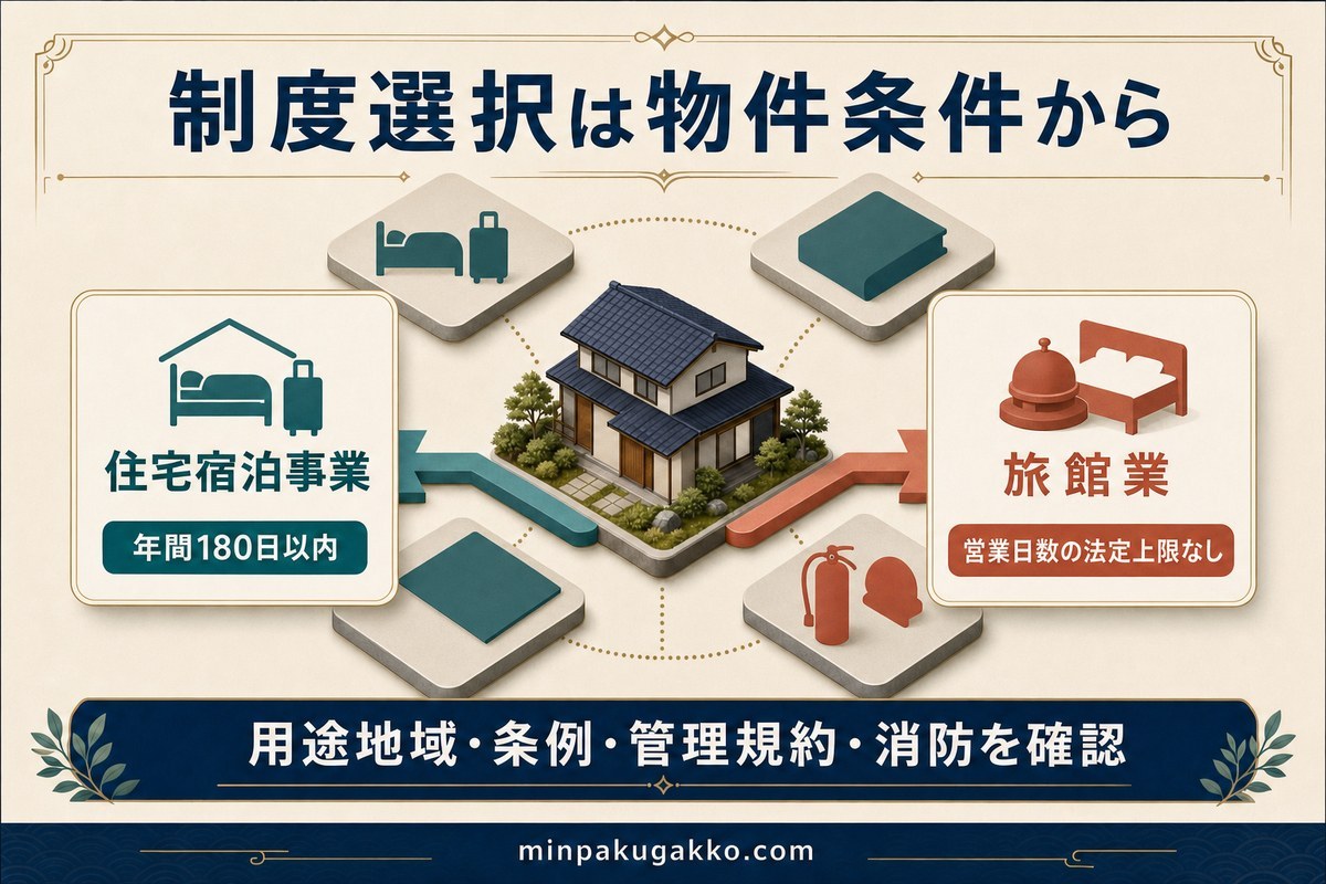 住宅宿泊事業と旅館業を営業日数と物件条件から比較する制度選択図