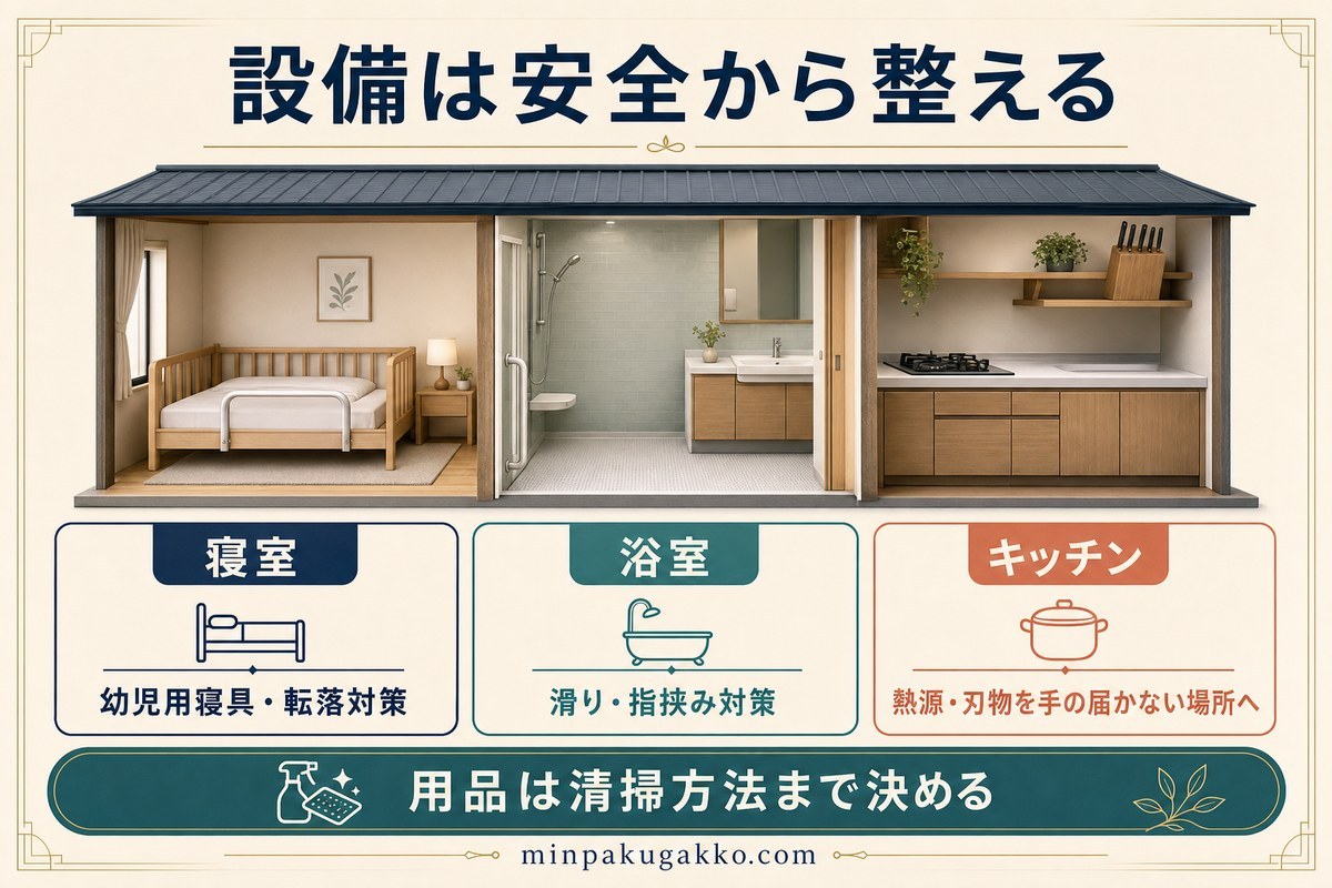 ファミリー向け設備を寝室、浴室、キッチンの安全対策と清掃方法で整理した図