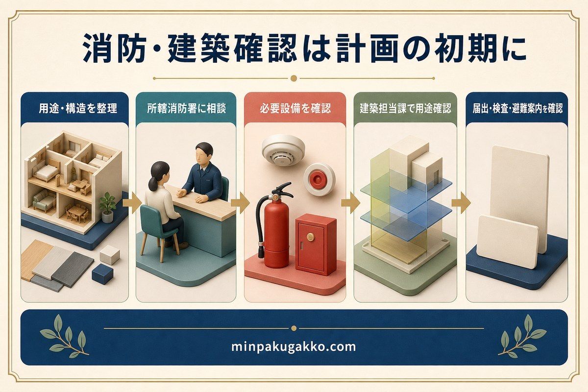 建物用途と構造の整理から消防署相談、必要設備、建築用途、届出検査までを示す確認フロー